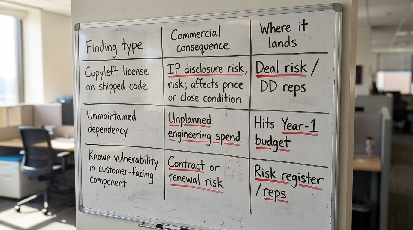What the Open Source Audit Decides | a 3-row table. Column headers: Finding type, Commercial consequence, Where it lands