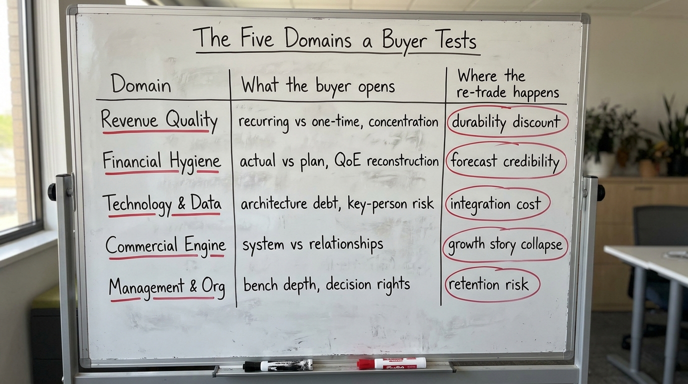 The Five Domains a Buyer Tests | table with columns Domain | What the buyer opens | Where the re-trade happens. Rows: Re