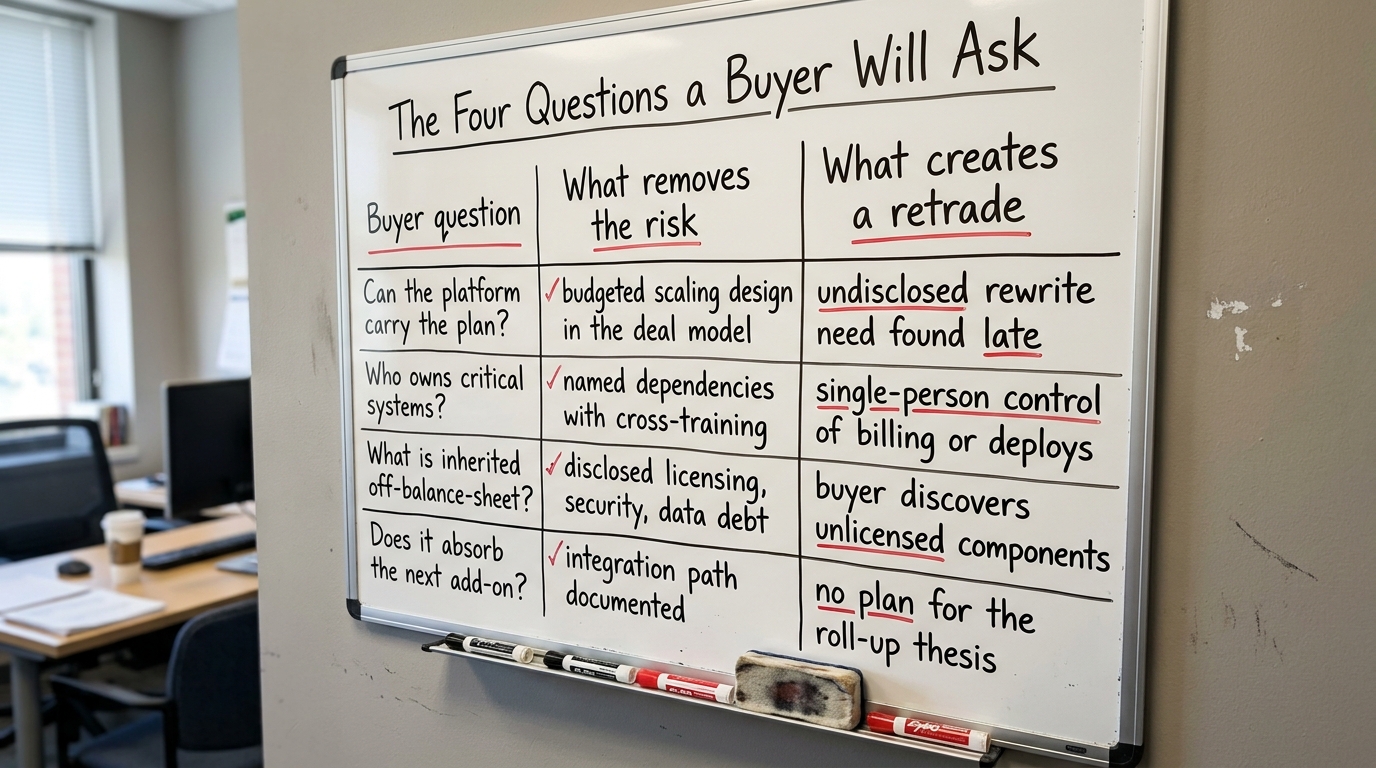 The Four Questions a Buyer Will Ask | a TABLE with columns "Buyer question", "What removes the risk", "What creates a re