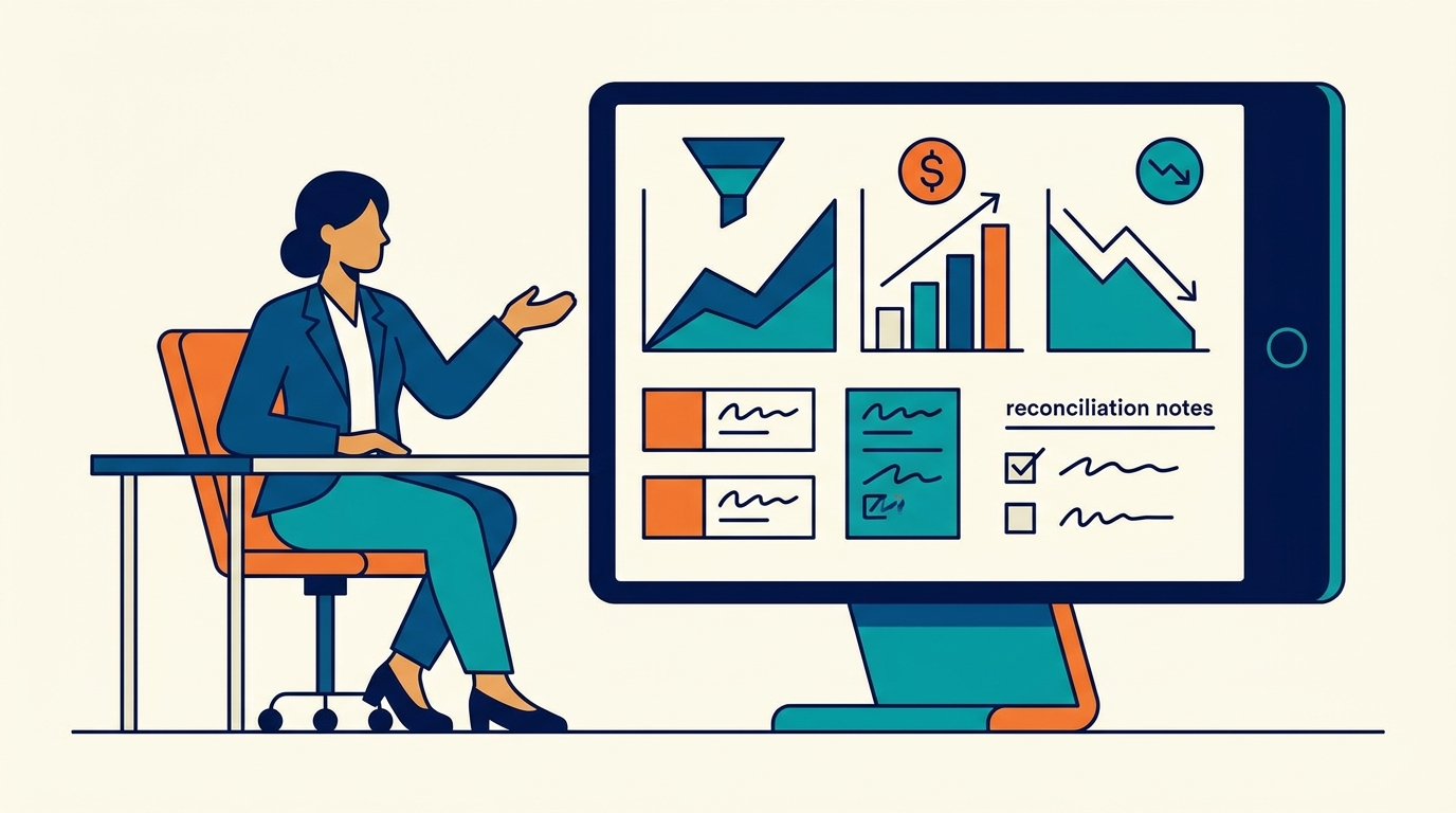 PE operating partner reviewing monthly portfolio dashboard showing pipeline, CAC, and churn metrics with reconciliation notes