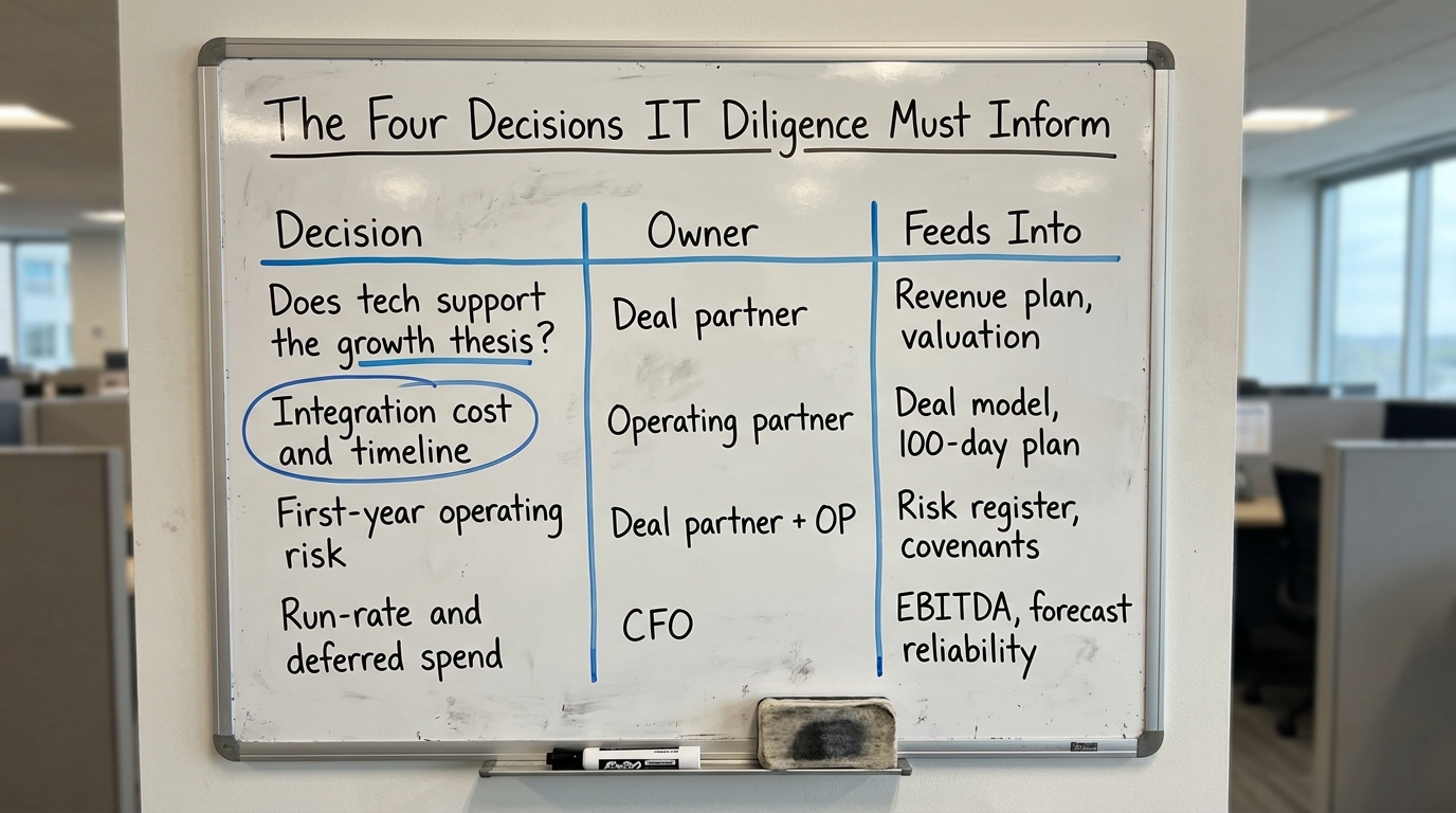 The Four Decisions IT Diligence Must Inform | a TABLE with columns "Decision", "Owner", "Feeds Into" and rows: "Does tec