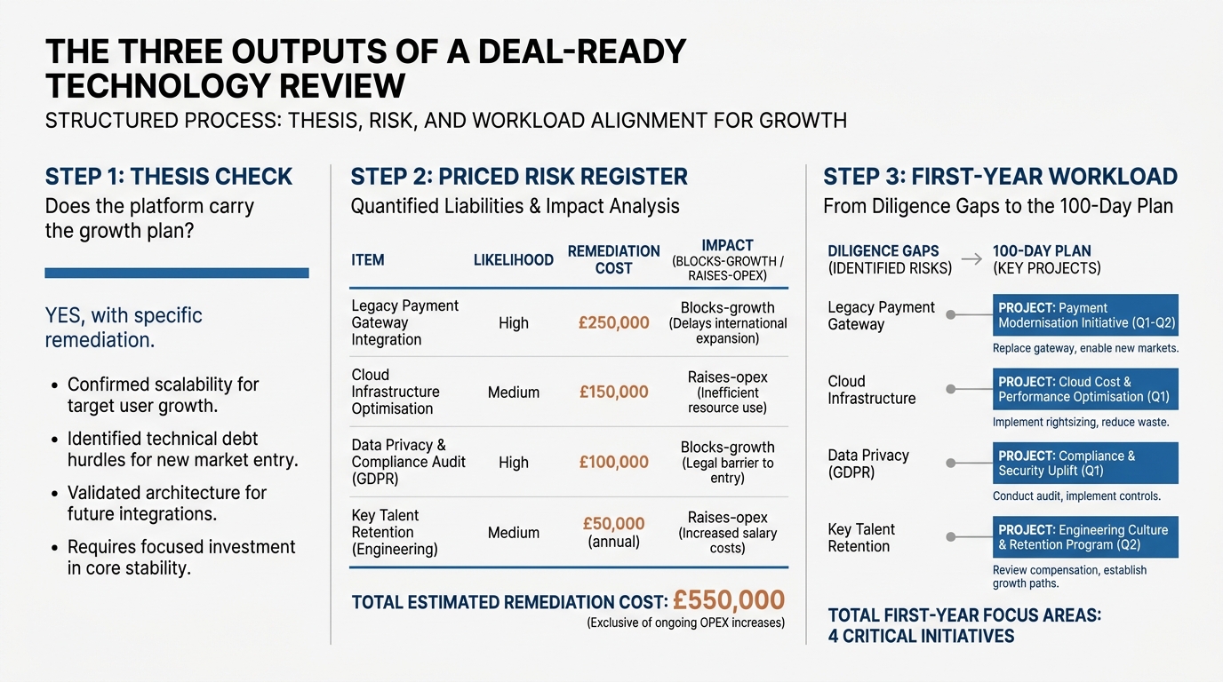 The Three Outputs of a Deal-Ready Technology Review | Step 1: Thesis check (does the platform carry the growth plan?) →