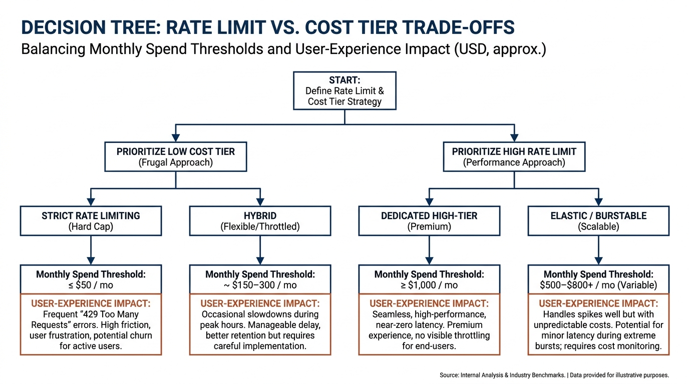 decision tree showing rate limit vs. cost tier trade-offs with monthly spend thresholds and user-experience impact
