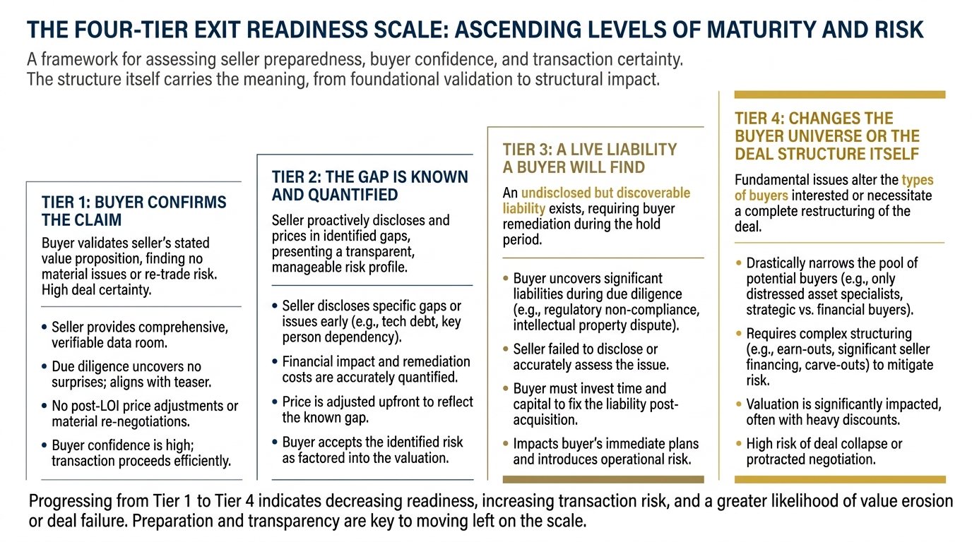 The Four-Tier Exit Readiness Scale | four ascending tiers with labels and descriptions. Tier 1, buyer confirms the claim