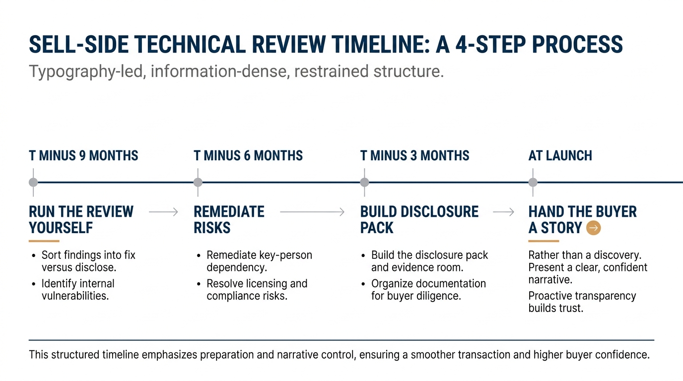 Sell-Side Technical Review Timeline | a 4-step process. At T minus 9 months, run the review yourself and sort findings i