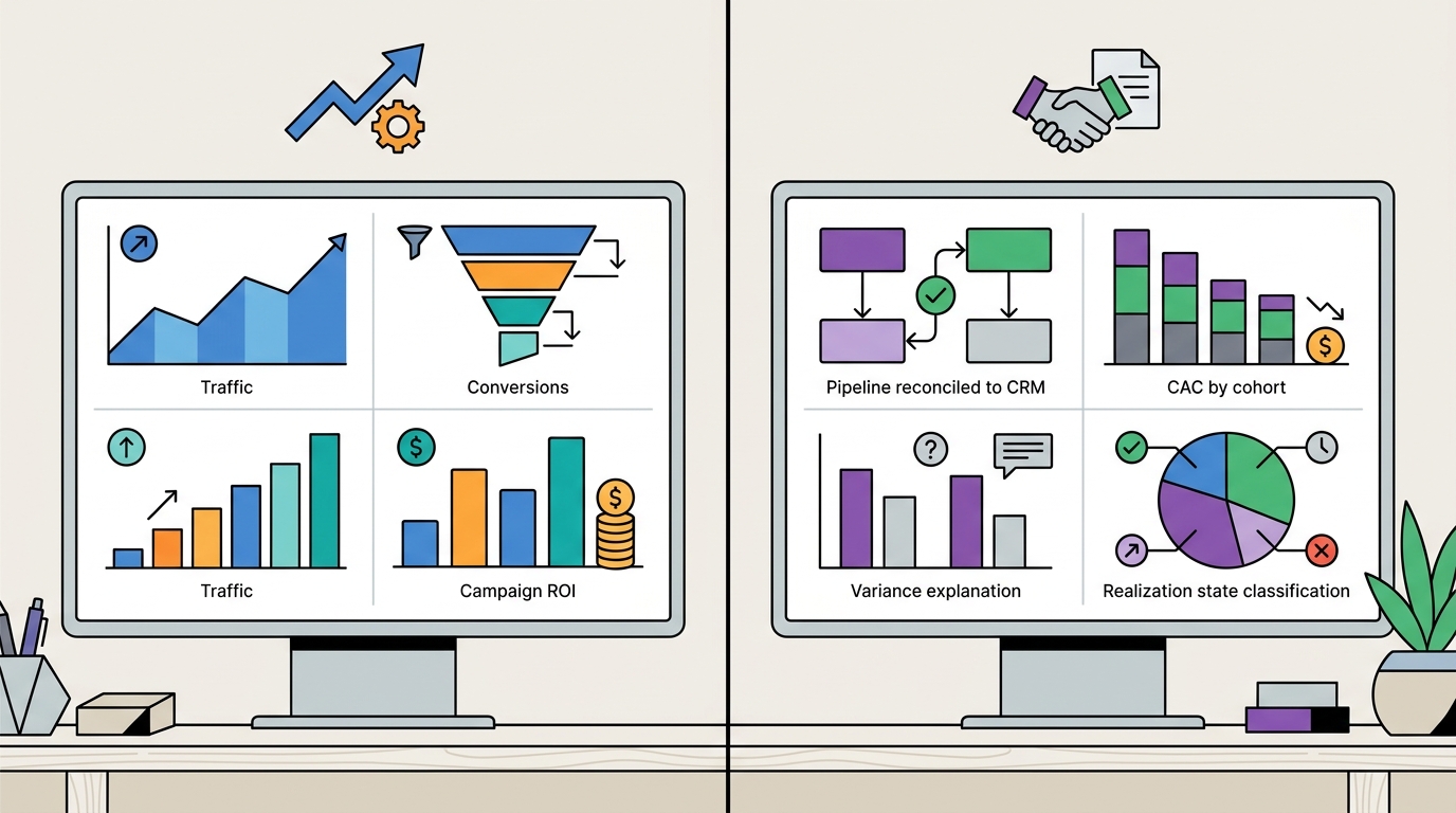 Side-by-side comparison of a marketing analytics dashboard (traffic, conversions, campaign ROI) versus a sponsor reporting layer (pipeline reconciled to CRM, CAC by cohort, variance explanation, realization state classification)