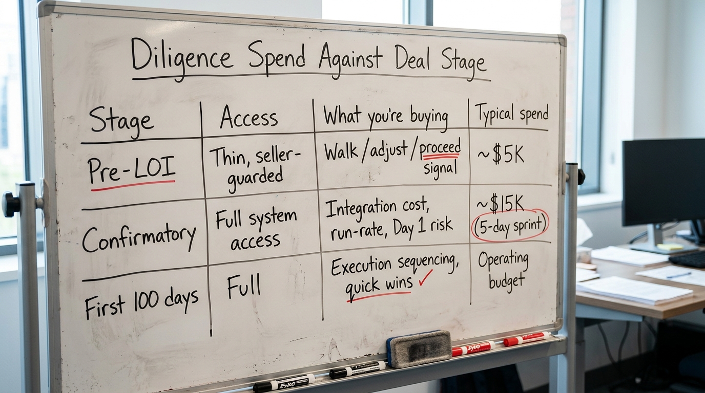 Diligence Spend Against Deal Stage | a TABLE with columns "Stage", "Access", "What you're buying", "Typical spend" and r