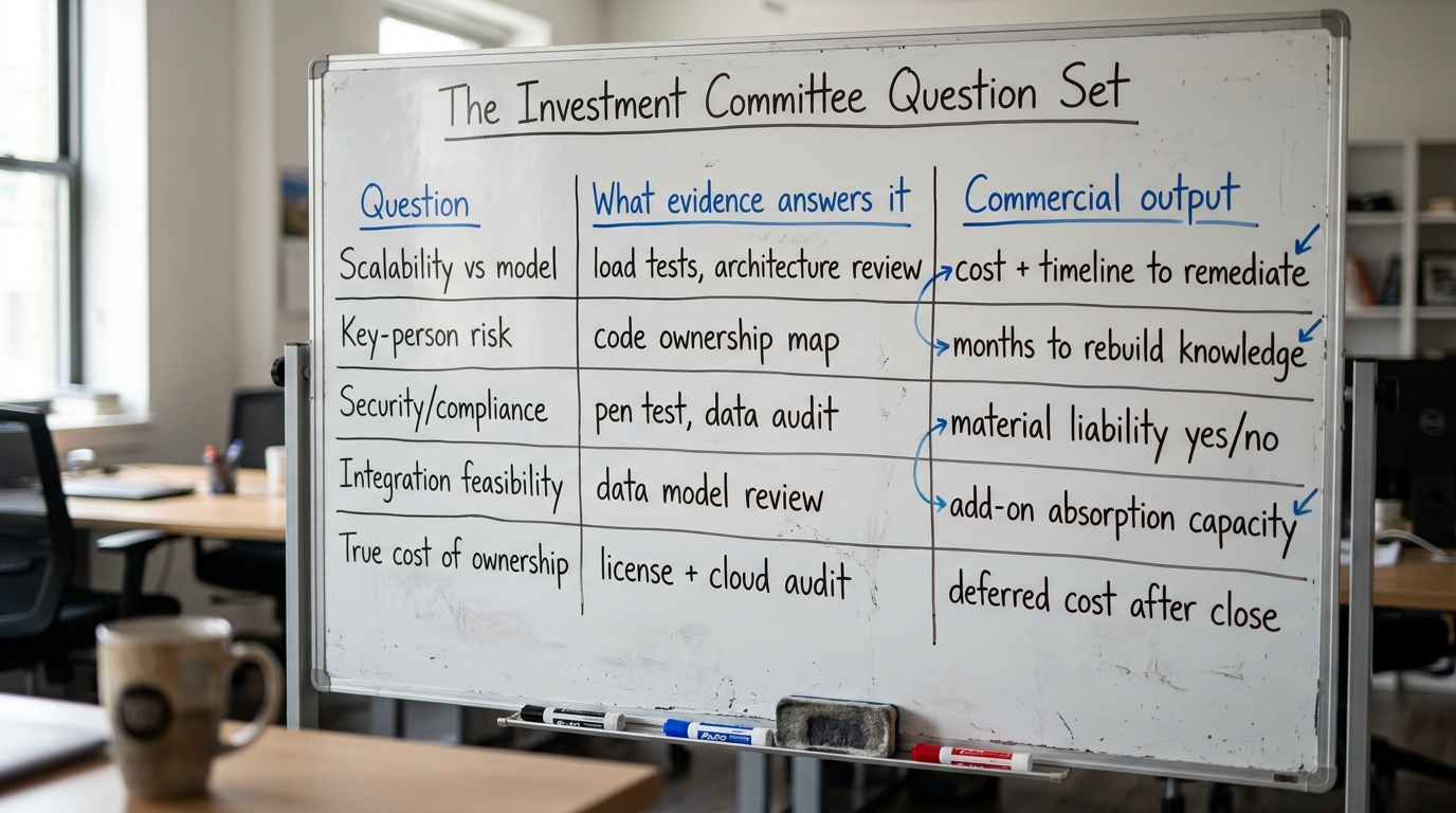 The Investment Committee Question Set | TABLE with columns "Question | What evidence answers it | Commercial output". Ro