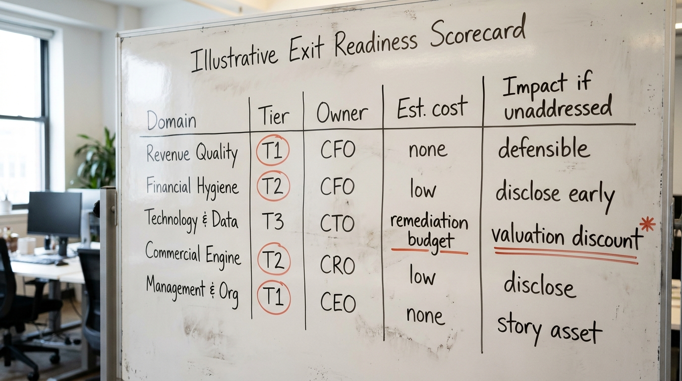 Illustrative Exit Readiness Scorecard | table with columns Domain | Tier | Owner | Est. cost | Impact if unaddressed. Ro