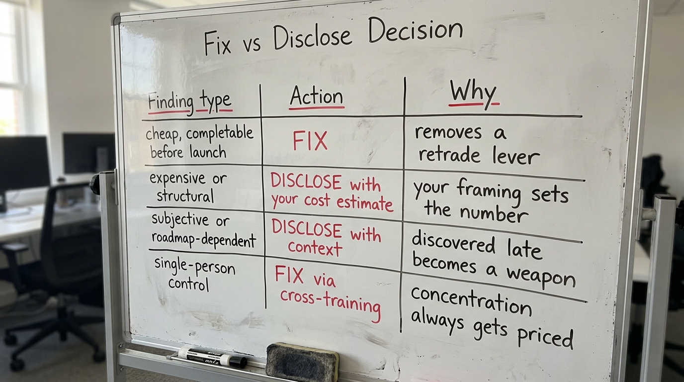 Fix vs Disclose Decision | a TABLE with columns "Finding type", "Action", "Why". Rows: cheap, completable before launch