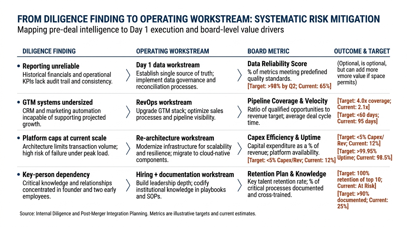 From Diligence Finding to Operating Workstream | Finding "reporting unreliable" → Day 1 data workstream → board metric;