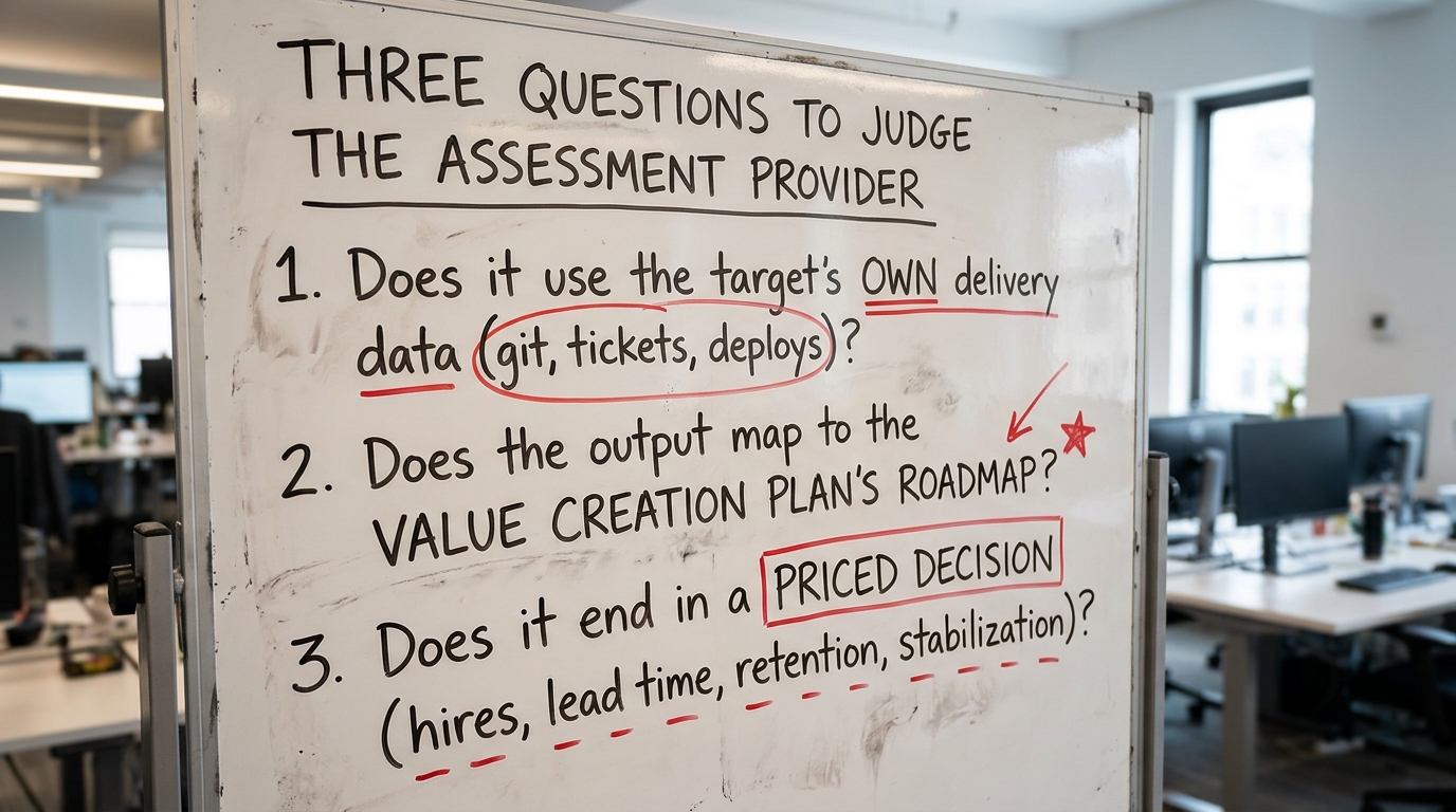 Three questions to judge the assessment provider | numbered list: 1. Does it use the target's own delivery data (git, ti