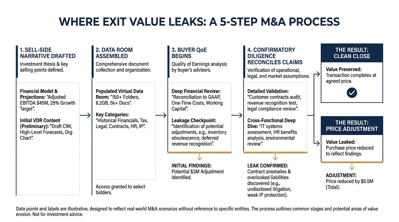 Where exit value leaks | 5-step process showing sell-side narrative drafted, data room assembled, buyer QoE begins, conf
