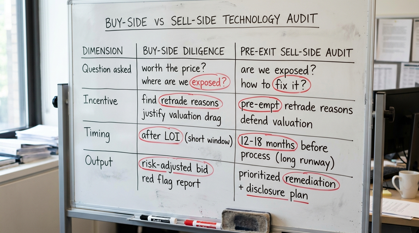 Buy-side vs sell-side technology audit | comparison table, columns: Dimension / Buy-side diligence / Pre-exit sell-side