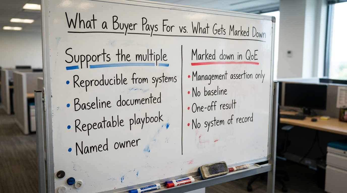 What a Buyer Pays For vs. What Gets Marked Down | comparison table with two columns. Left "Supports the multiple": repro