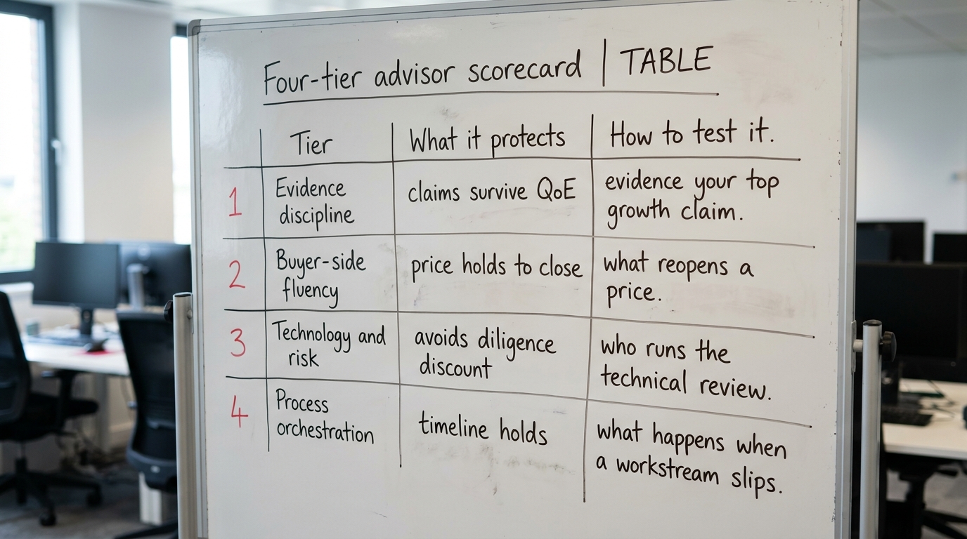 Four-tier advisor scorecard | TABLE columns: Tier | What it protects | How to test it. Rows: 1 Evidence discipline / cla
