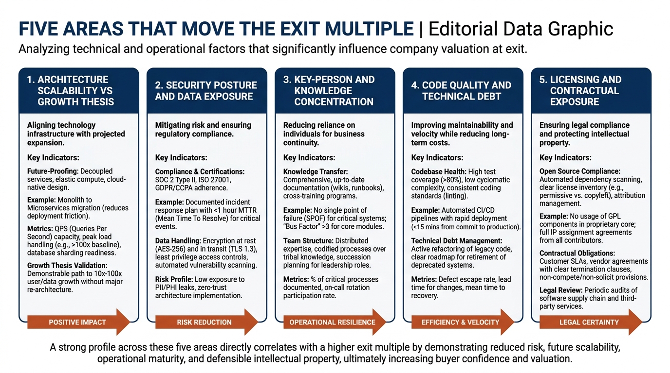 Five areas that move the exit multiple | 5 labeled blocks: 1. Architecture scalability vs growth thesis, 2. Security pos