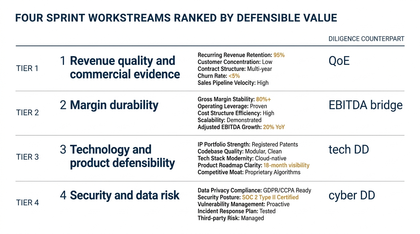 Four Sprint Workstreams Ranked by Defensible Value | four horizontal tiers, top to bottom: 1 Revenue quality and commerc