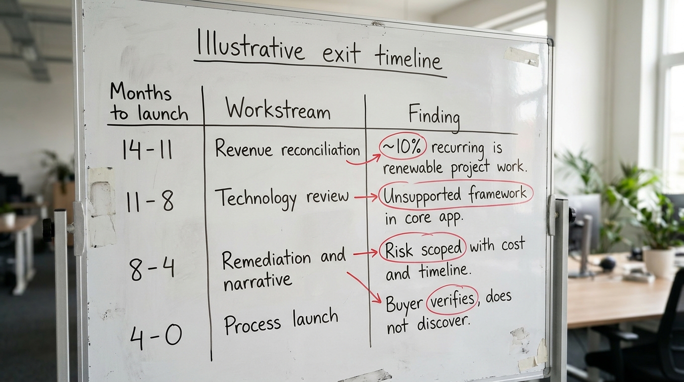 Illustrative exit timeline | TABLE columns: Months to launch | Workstream | Finding. Rows: 14-11 / revenue reconciliatio