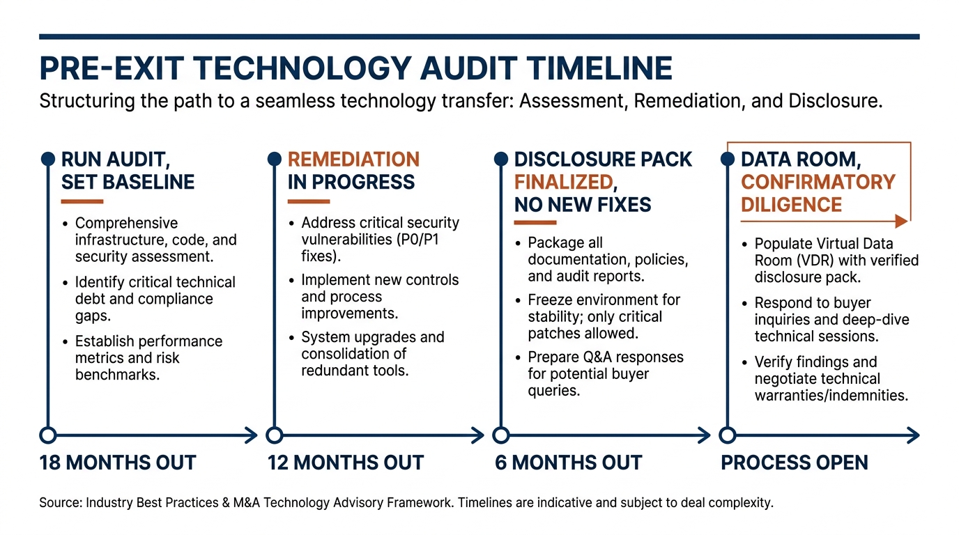 Pre-exit technology audit timeline | horizontal timeline with 4 markers: 18 months out (run audit, set baseline), 12 mon