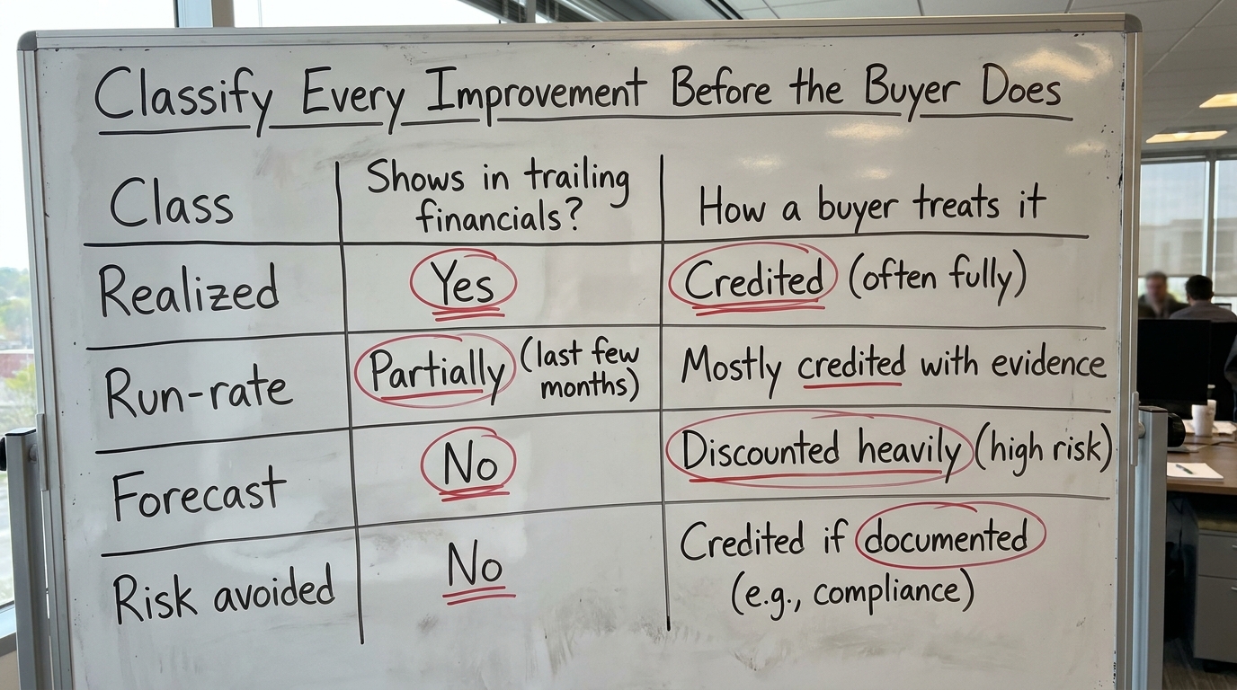 Classify Every Improvement Before the Buyer Does | four-row table. Columns: Class, Shows in trailing financials?, How a 