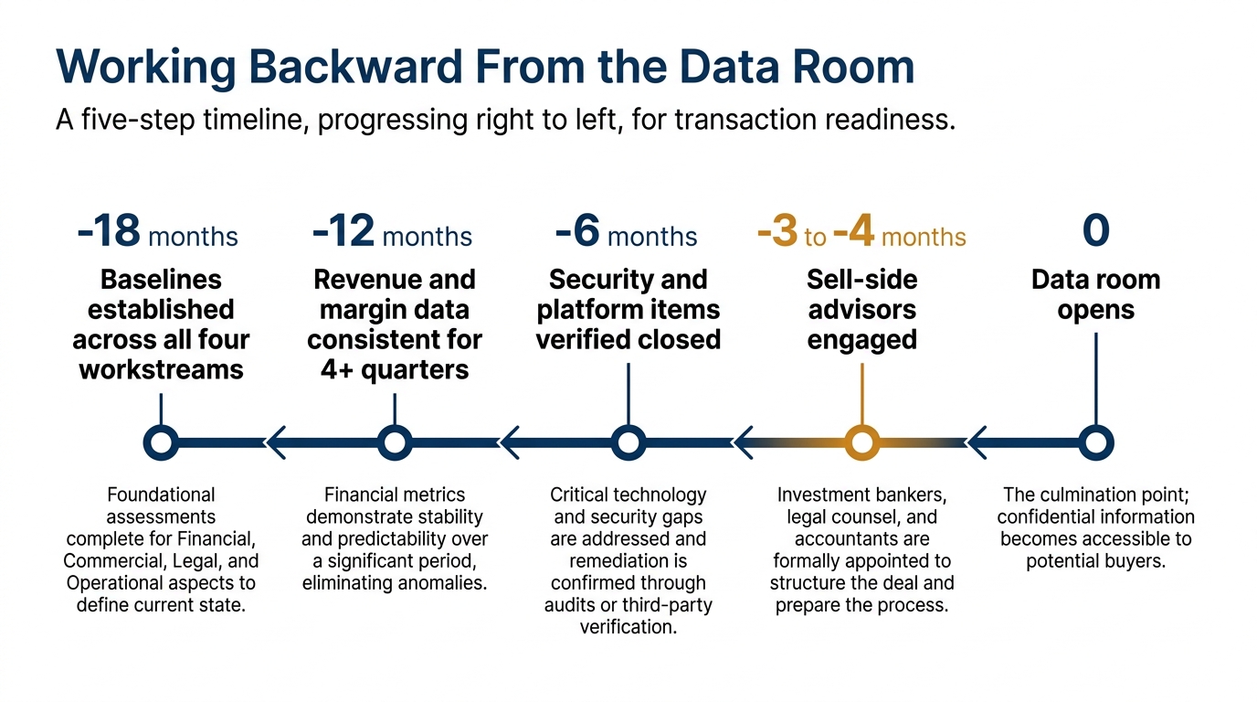 Working Backward From the Data Room | five-step timeline, right to left. Data room opens (0) | Sell-side advisors engage